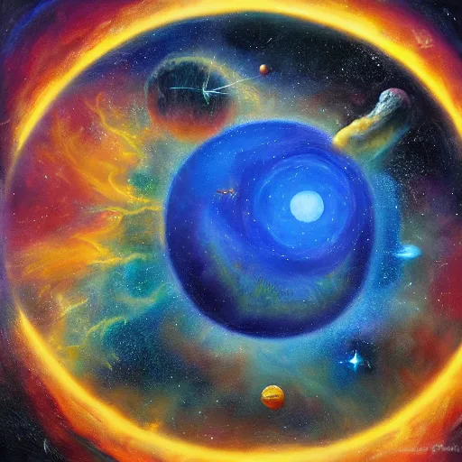 Prompt: Chrystalline blue dragon devouring a planet in space, sun system, nebula, oil painting, by Suarez Fernanda and Maxence Edgar and Rutkowski Greg