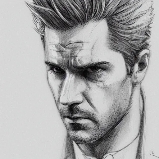 Prompt: John Constantine portrait profile, black and white sketch, cellshaded, drawn in fine-tip pen, made by WLOP, trending on artstation