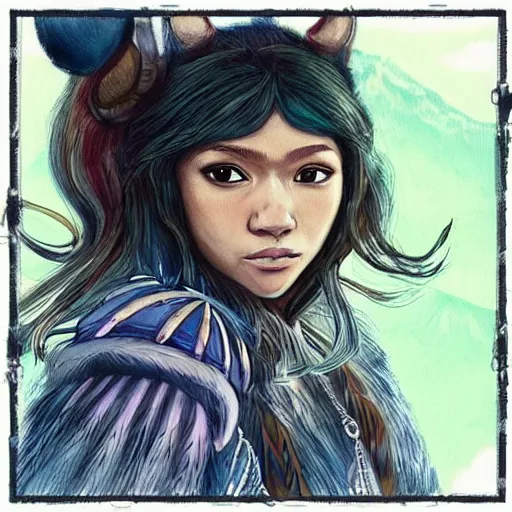 Image similar to “Zendaya, portrait!!! Mononoke-hime style, cartoon, blue sky with white clouds green hills and mountains on the background, fantasy, photorealistic, concept Art, ultra detailed portrait, 4k resolution”