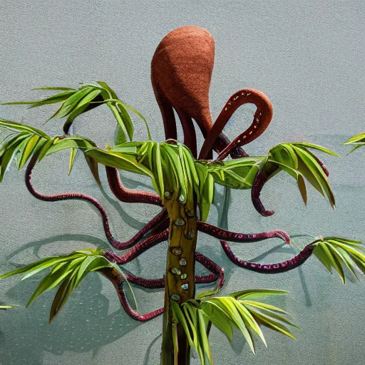 Prompt: an octopus wrapping his tentacles around a lucky bamboo plant outdoors in the sun