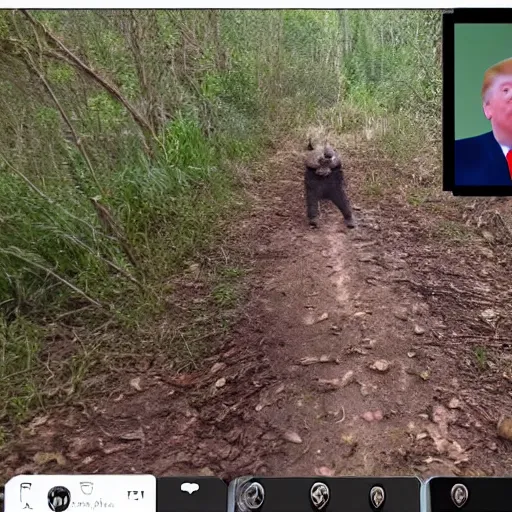 Image similar to creepy trail cam footage of an obese Donald trump