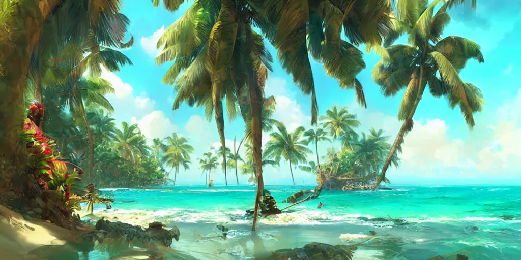 Prompt: Tropical paradise, digital painting, art by greg rutkowski, artgerm