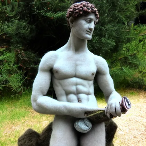 Prompt: needle felted sculpture of david by michelangelo