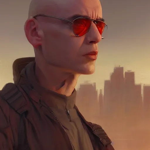 Prompt: wide shot of a bald young man with neo from matrix's sunglasses holding a cinema camera in a martian city, scifi, detailed realistic face, photorealistic oil painting, digital art, by charlie bowater, by jeremy lipking, by makoto shinkai, octane render