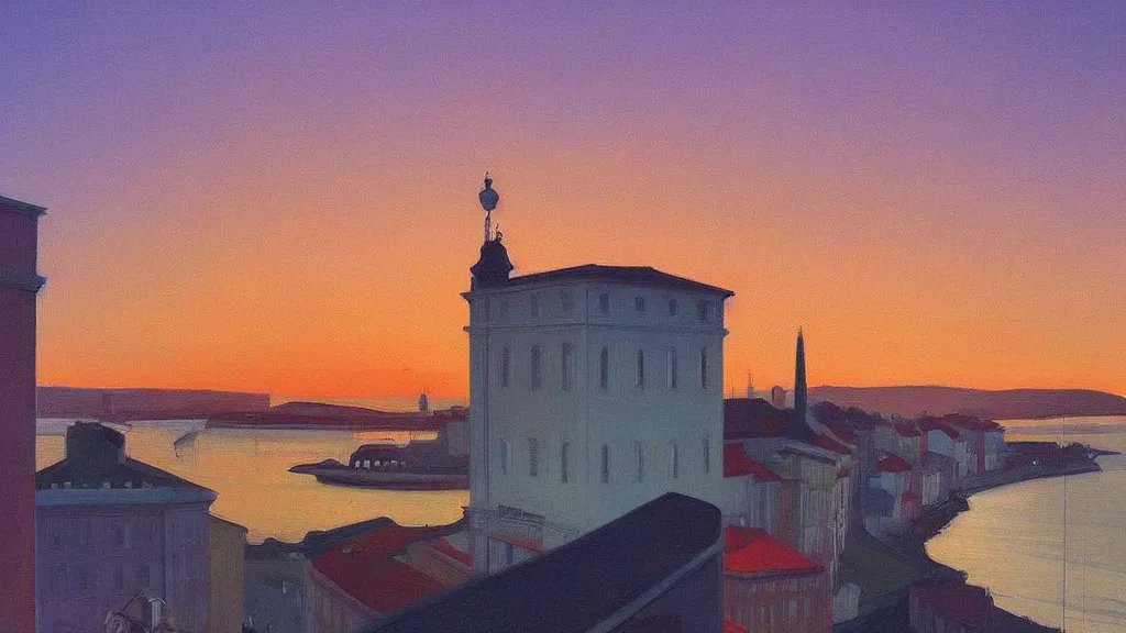 Image similar to street art. paralyzed by the indescribable beauty of the cosmos. amazing view of the sunrise from lisbon. art style by edward hopper daring, incredible