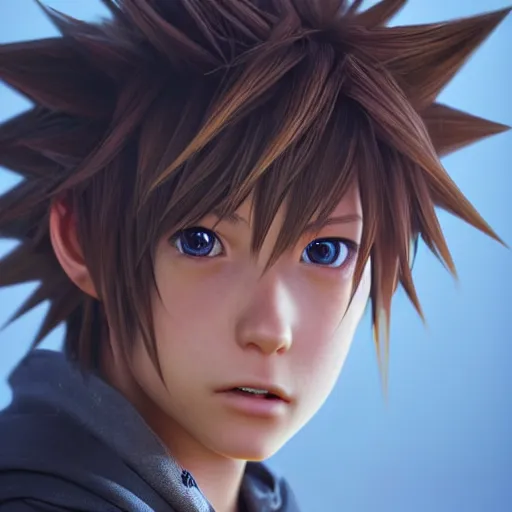 Image similar to photo realistic image of sora from kingdom hearts, stunning 3 d render inspired art by istvan sandorfi and greg rutkowski, perfect facial symmetry, realistic, highly detailed attributes and atmosphere, dim volumetric cinematic lighting,