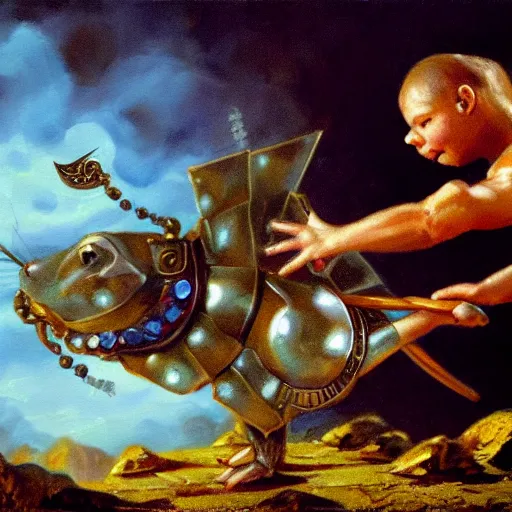 Prompt: armored mouse warrior reaches for floating crystal, famous oil painting, award winning, 8k scan