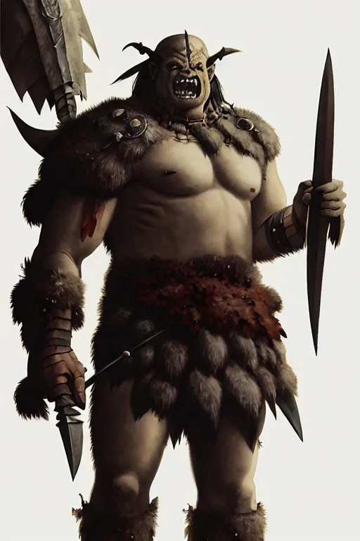 Image similar to orc barbarian wearing leather armor, full body shot, exquisite details, earth magic, mid view, design on a white background, by greg rutkowski, makoto shinkai, takashi takeuchi, studio ghibli