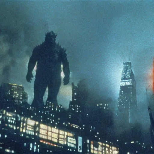 Prompt: a film still of godzilla in blade runner