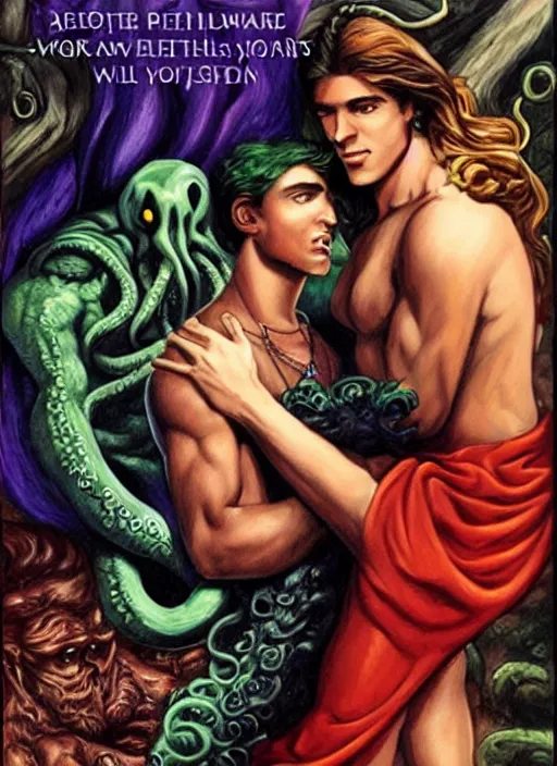 Prompt: mills and boon romance novel cover with cthulhu and fabio