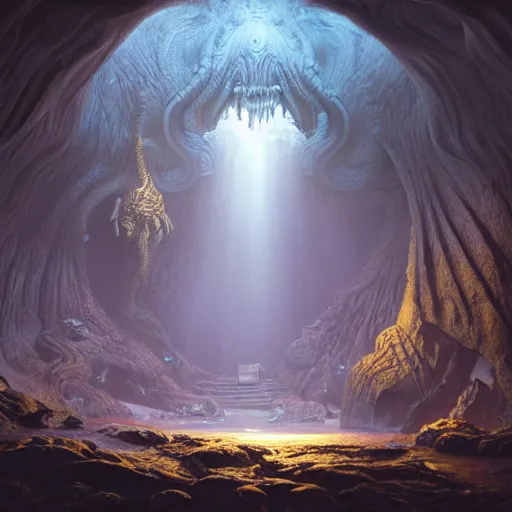 Prompt: A beautiful hyper realistic detailed matte painting of the interior of a cavern with a gold-trimmed statue of Cthulhu in the center, dramatic lighting, dynamic lighting, cinematic lighting, lit by candlelight, by John Howe and Andreas Rocha, unreal engine, featured on artstation, featured on behance, ultrawide angle, f8