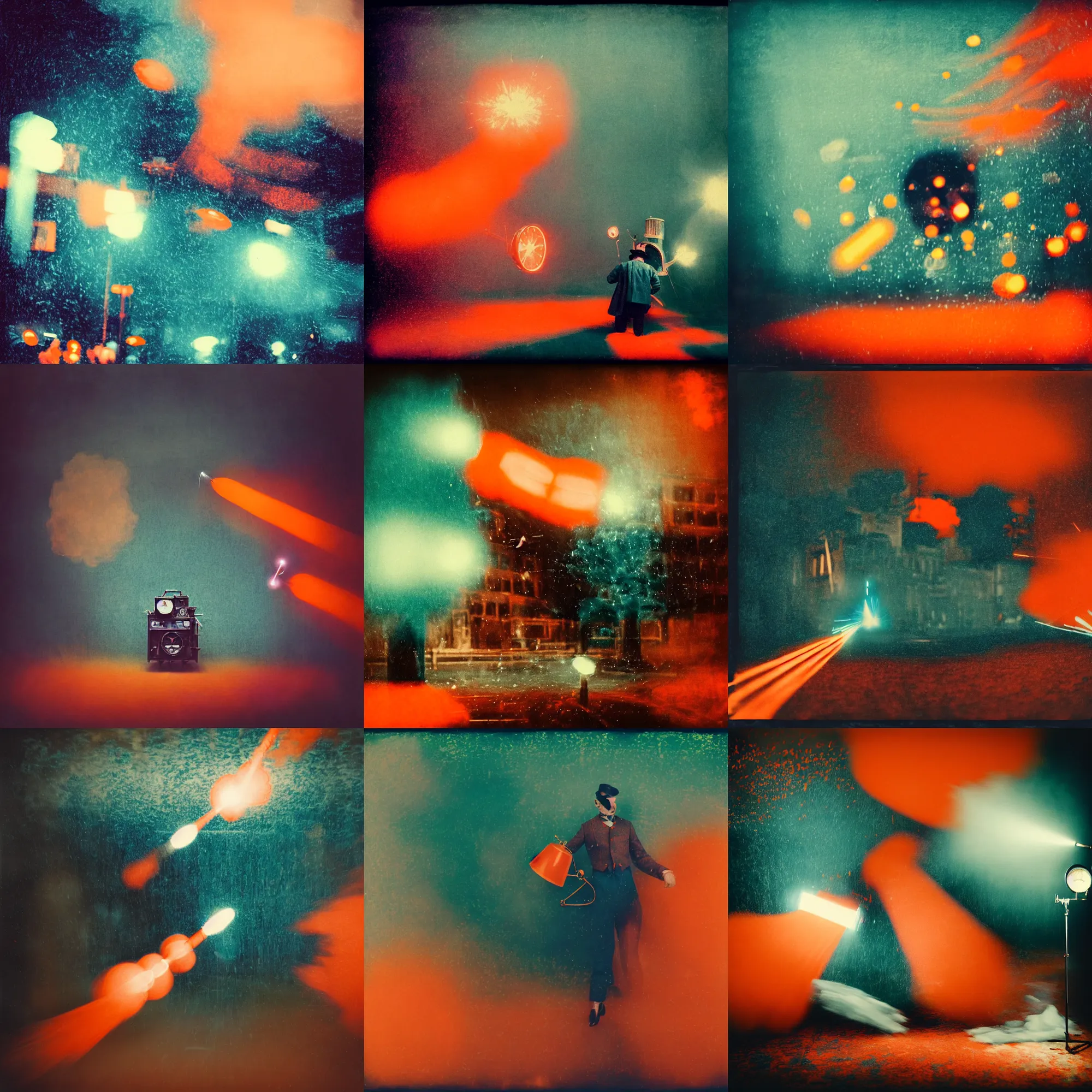 Prompt: kodak portra 4 0 0, wetplate, muted colours, blueberry and orange and teal, a clockwerk orange, 1 9 2 0 s style, motion blur, portrait photo of a backdrop, explosions, rockets, bombs, sparkling, snow, fog, by georges melies and by britt marling