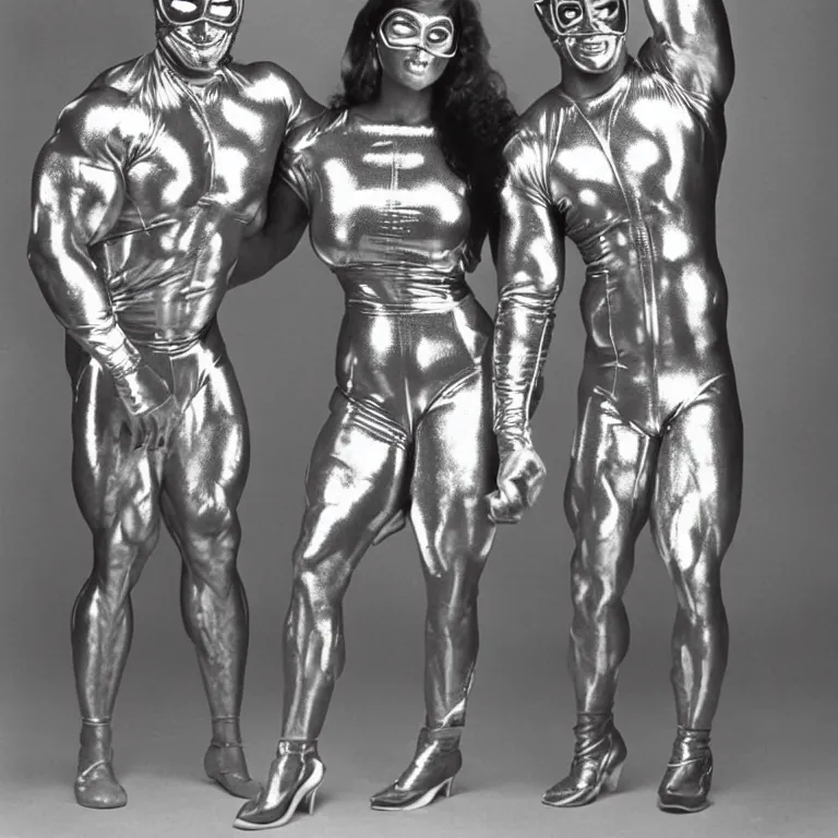 Prompt: 1990's sears portrait photos, an incredibly extremely muscular bodybuilder man and woman wearing shiny reflective full-body latex suits and masks