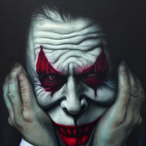 Image similar to portrait of an angry joker by Sean Yoro and Chie Yoshii, dark, moody, foggy, gloomy, high details, washed colors