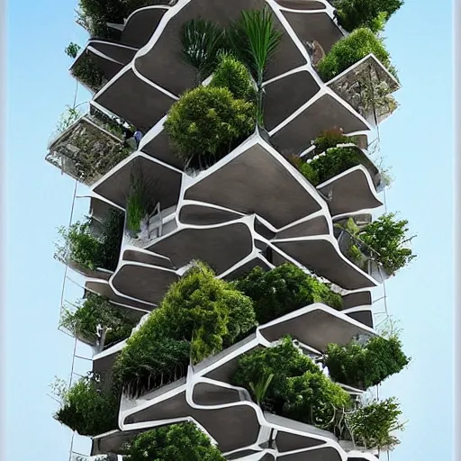 Prompt: “the hanging gardens of Babylon mixed with an m. C. Escher sketch, architectural design, residential apartment tower”