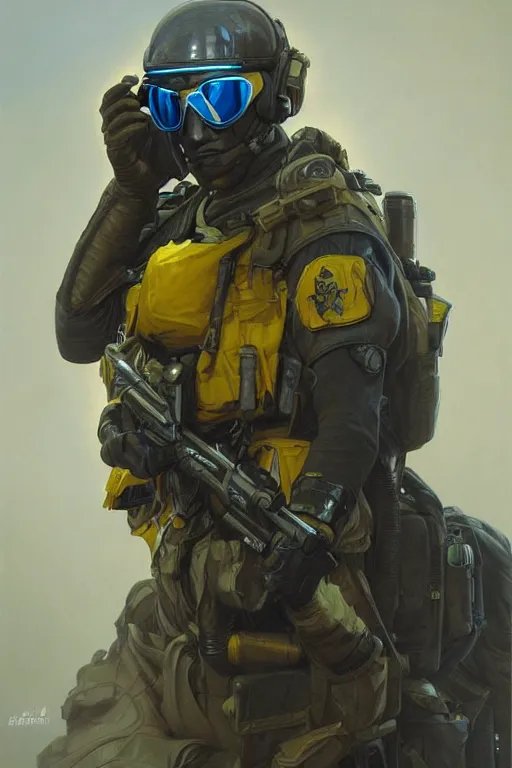 Prompt: a special forces unit soldier modern technology, blue and yellow shoulder patch, realistic portrait full body, symmetrical, highly detailed, digital painting, artstation, concept art, smooth, sharp focus, illustration, cinematic lighting, art by artgerm and greg rutkowski and alphonse mucha