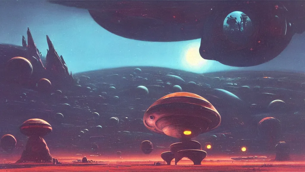 Image similar to eerie atmospheric alien planet with a small dropship pod landing by paul lehr and jack gaughan and john schoenherr, epic cinematic matte painting