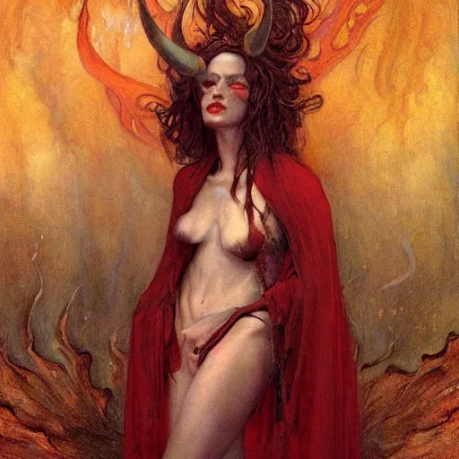 Image similar to a masterpiece full body portrait a beautiful Beatrice as a demoness in Dante\'s inferno, beautiful face, flawless skin, flames and smoke in background, by Edgar Maxence and Ross Tran and Michael Whelan