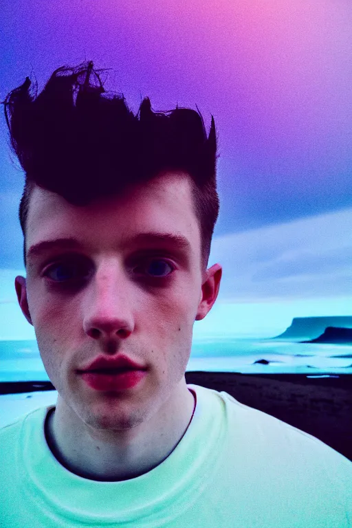 Prompt: high quality pastel coloured film mid angle selfie photograph of a young beautiful man standing in an icelandic black rock environment. atmospheric. three point light. photographic. art directed. pastel colours. volumetric light. stark. waves glitch. 8 k. filmic.