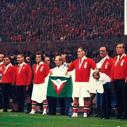 Image similar to Viktor Orbán dressed as the hungarian national soccer team leader, singing the national anthem in a stadium full of hungarian soccer fans, magazin cover art 1983