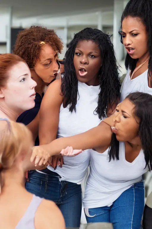 Image similar to stock photo of a group of diverse women bullying each other