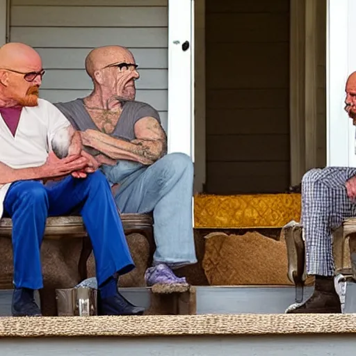 Prompt: walter white and thanos sitting on a porch talking about life, smoking, detailed,