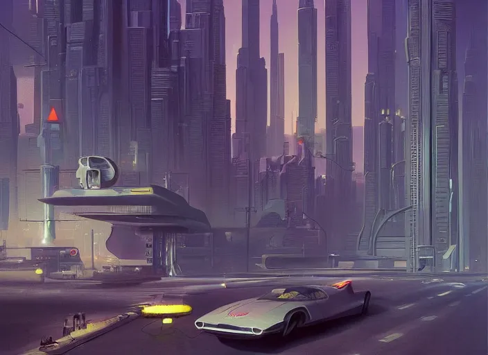 Prompt: a car driving down a street next to tall buildings the night at 11:00 am, cyberpunk art by Chesley Bonestell, cgsociety, retrofuturism, matte painting, reimagined by industrial light and magic