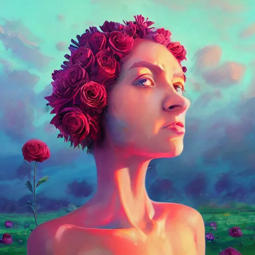 Image similar to closeup, giant rose flower head, frontal, girl in a suit, surreal photography, sunrise, blue sky, dramatic light, impressionist painting, digital painting, artstation, simon stalenhag