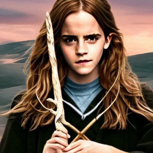 Prompt: still of emma watson as hermione granger holding a wand. prisoner of azkaban. during golden hour. extremely detailed. beautiful. 4 k. award winning.