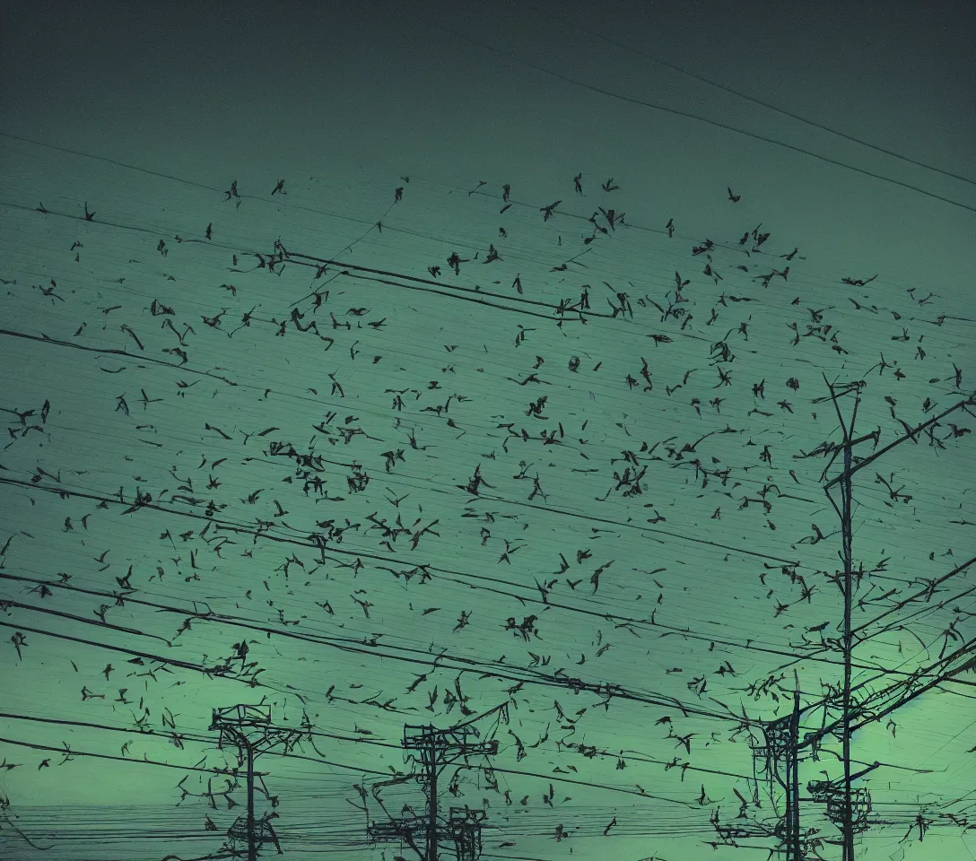 Image similar to a 3 5 mm photography of a lot of green parrots on the power lines glowing and reflecting green light from the flash of the camera at night