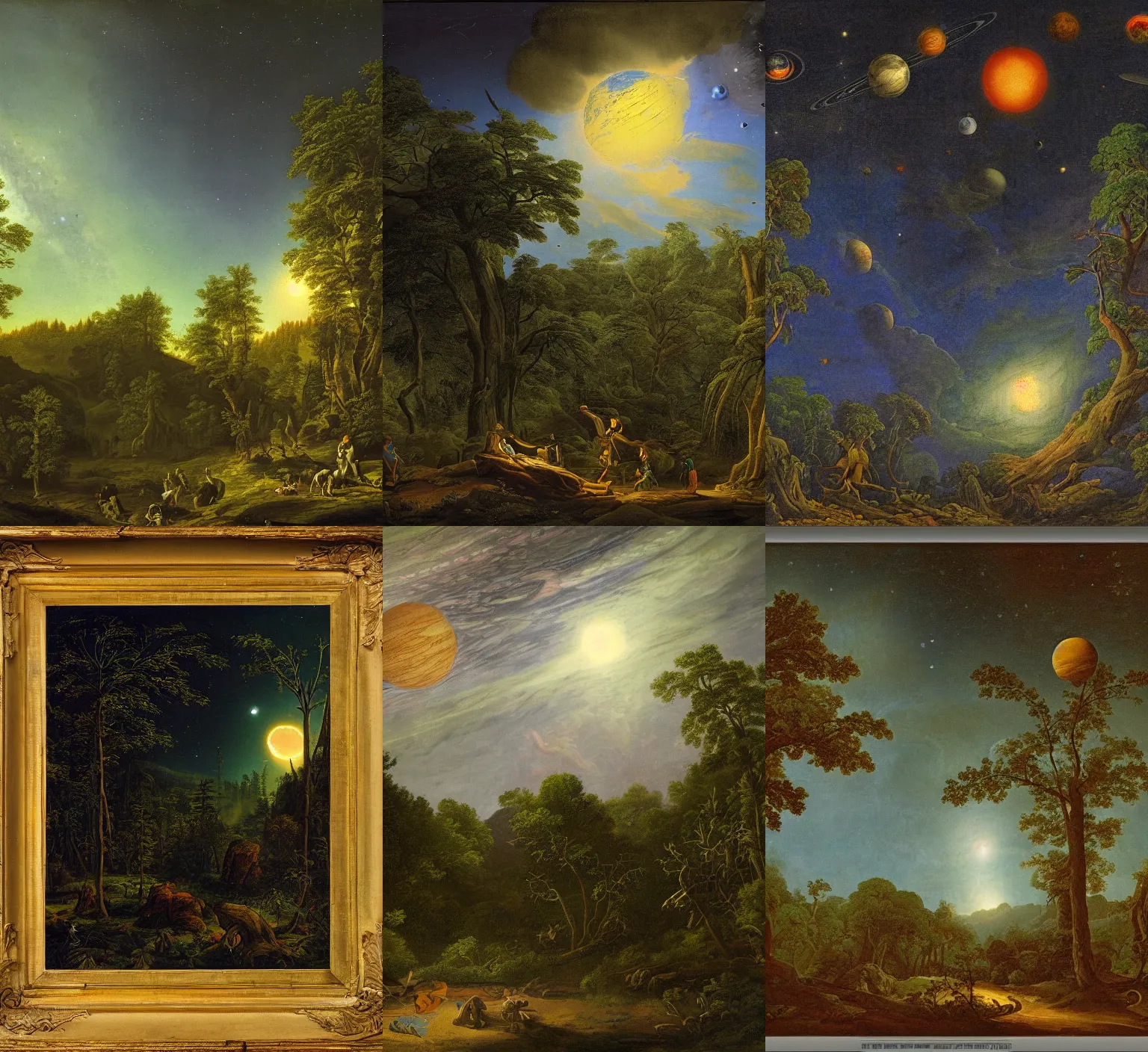 Prompt: a lush forest on an alien planet, night sky with planets, by Asher Brown Durand