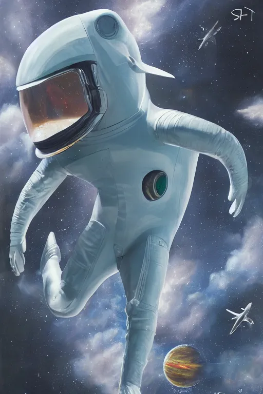 Prompt: dolphin shaped astronaut suit, dolphin, oil on canvas, intricate, portrait, 8 k highly professionally detailed, hdr, cgsociety