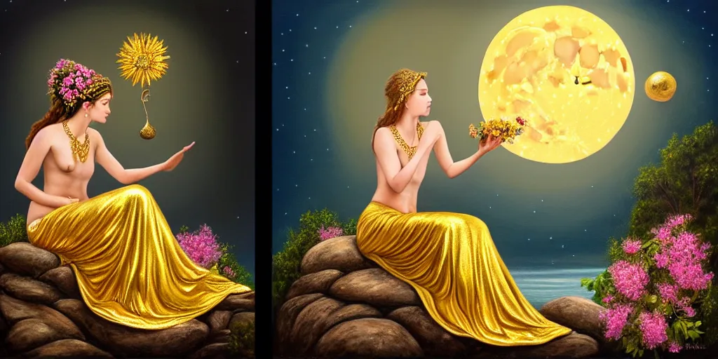 Prompt: very realistic beautiful painting of a goddess wearing a long metallic golden skirt covering her whole body holding flowers and levitating a pear, sun on the left moon on the right as she is sitting on a rock at night time, realistic 8K HD