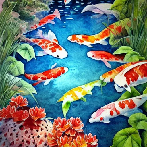 Image similar to watercolor art on paper, beautiful koi fish pond, highly detailed, artstation, masterpiece, award - winning