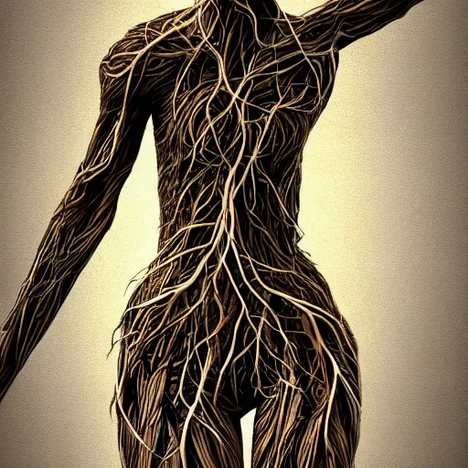 Image similar to digital art, Abstract art, humain female body made of roots, intricate roots, trending on artstation, -640