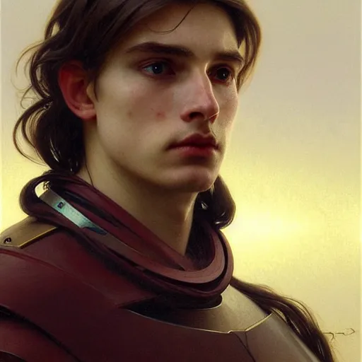 Image similar to portrait painting of a pale serious young man with soft face and medium brown wavy hair wearing armor, ultra realistic, small orbit, concept art, intricate details, eerie, highly detailed, pursed lips, melancholy expression, photorealistic, wide upturn nose, prominent chin, octane render, 8 k, unreal engine. art by artgerm greg rutkowski alphonse mucha