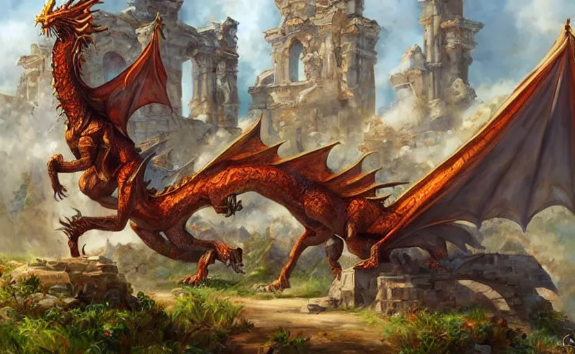 Image similar to Colossal dragon on ancient ruins. By Konstantin Razumov, highly detailded