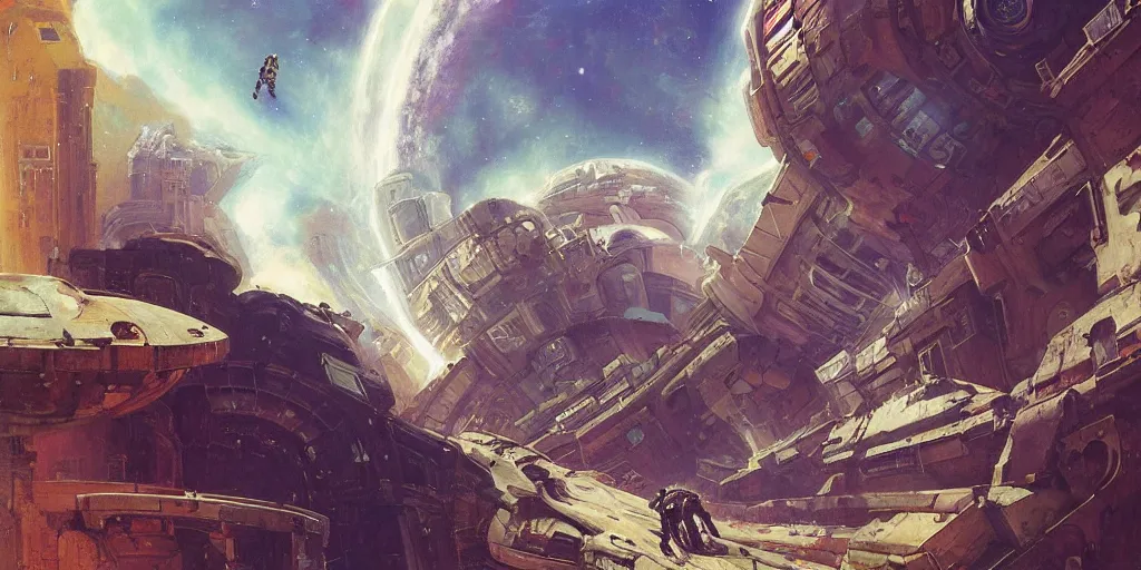 Image similar to supernova, art deco buildings in space in a flying space station, ruins on mars, painted by ruan jia, raymond swanland, lawrence alma tadema, zdzislaw beksinski, norman rockwell, jack kirby, tom lovell, alex malveda, greg staples