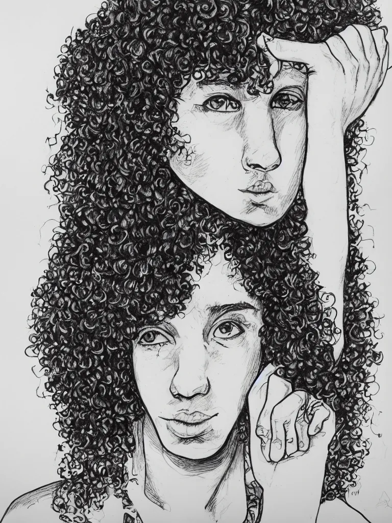 Image similar to portrait of a teenager with a big nose and curly black hair, hand drawn, ink and marker, by andrea pazienza