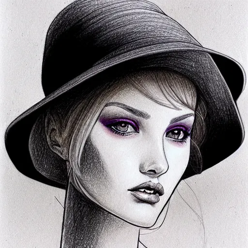 Image similar to drawing portrait of beautiful gorgeous woman with hat by Moebius science fiction