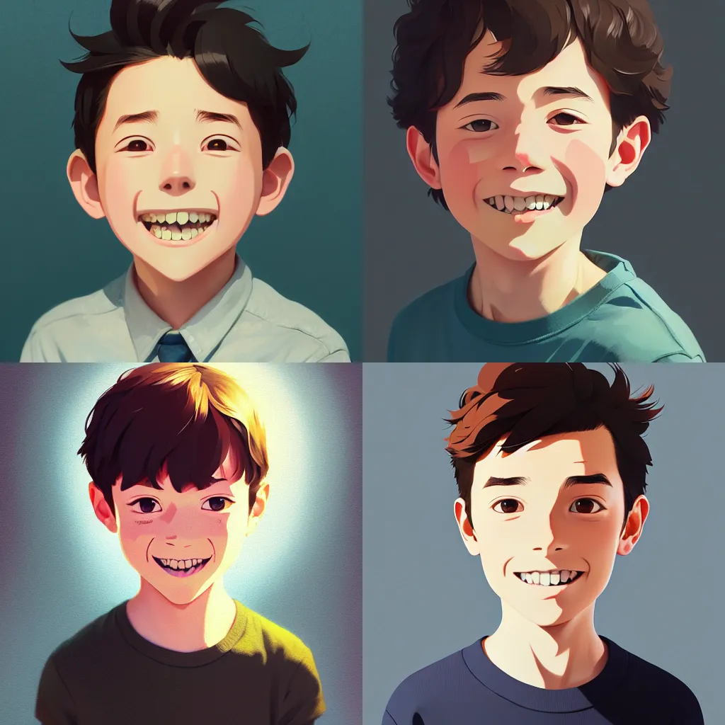 Prompt: portrait of young boy smiling, artstation, elegant, highly detailed, digital painting, concept art, smooth, sharp focus, illustration, art by studio ghibli, fujita goro, atey ghailan, tom whalen, jean giraud 8 k