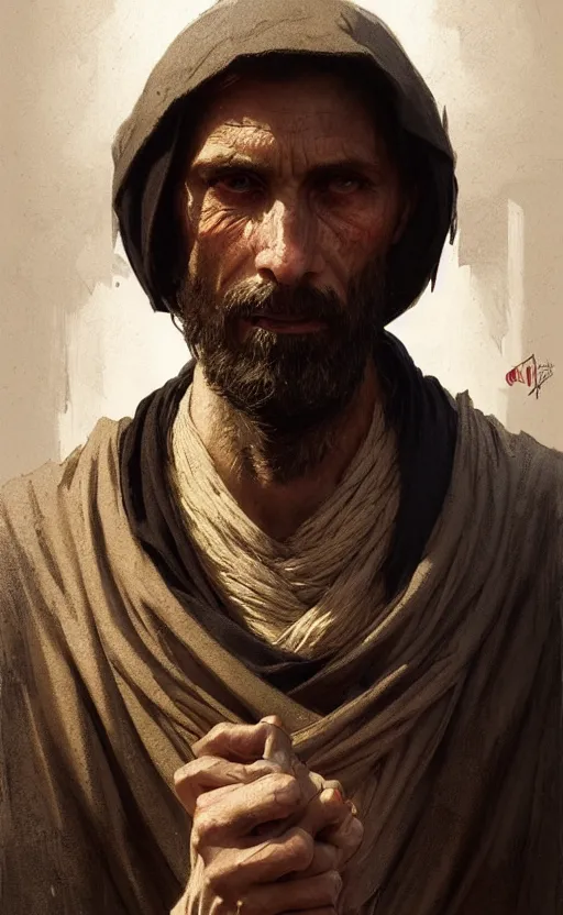 Prompt: a portrait of a medieval beggar, concept art, deep focus, intricate, highly detailed, digital painting, artstation, matte, sharp focus, illustration, art by greg rutkowski and alphonse mucha