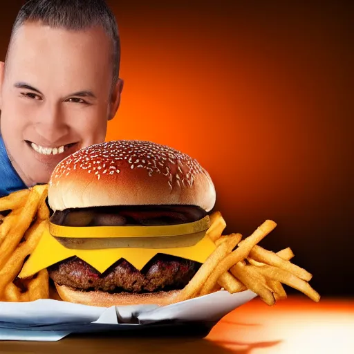 Image similar to a cow very happy about eating a cheese burger, highly detailed, photorealistic portrait, bright studio setting, studio lighting, crisp quality and light reflections