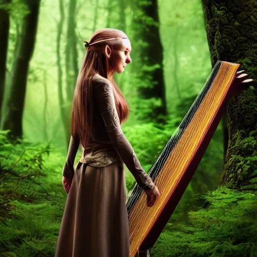 Prompt: A female elf, long light brown hair, playing a pedal harp, in a forest clearing, surrounded by wisps, magical, enchanting