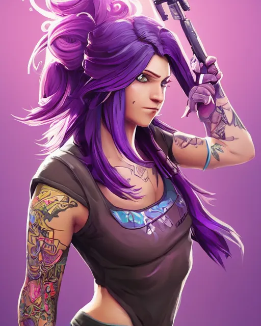 Image similar to beautiful female purple hair tattoo symmetrical face eyes singing full length fantasy art apex fortnite Video game icon, 2d game art gta5 cover , official fanart behance hd artstation by Jesper Ejsing, by RHADS, Makoto Shinkai and Lois van baarle, ilya kuvshinov, rossdraws