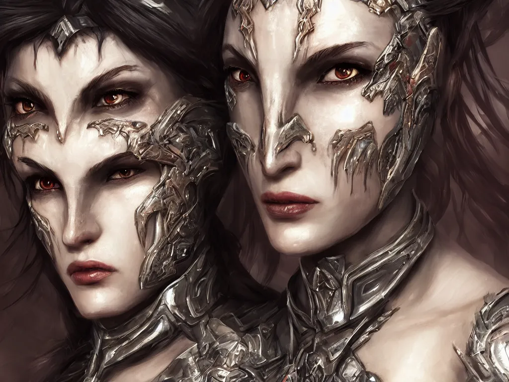 Prompt: A close up portrait of a beautiful woman demon priestess wearing finely detailed armor forged by the ancient gods unreal engine trending on artstation