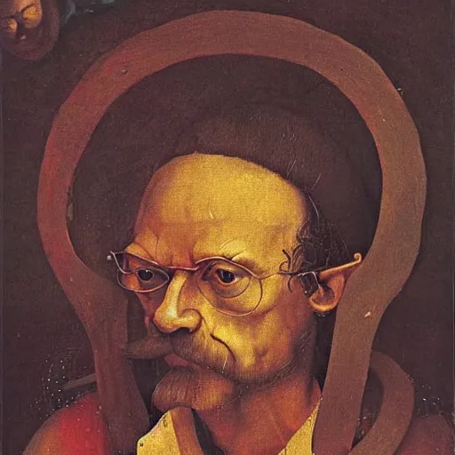 Prompt: terence mckenna portrait painting by hieronymus bosch