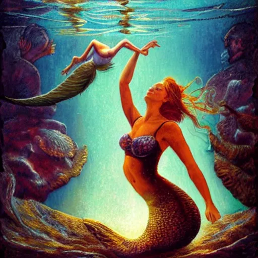 Image similar to scientist interacts with a mermaid, by jon foster