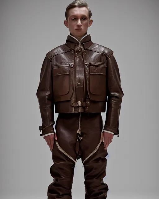 Prompt: an award - winning photo of a brown cropped extremely baggy medieval designer menswear leather jacket with an oversized collar and baggy bootcut trousers designed by alexander mcqueen, 4 k, studio lighting, wide angle lens