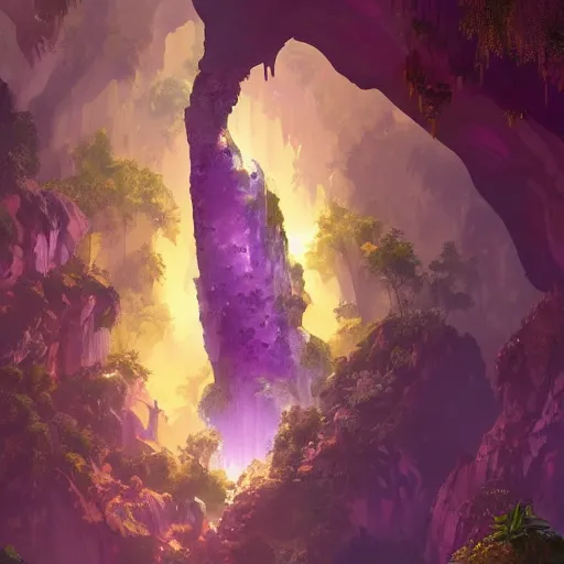 Image similar to beautiful giant piece of amethyst in a lush cave, greg rutkowski